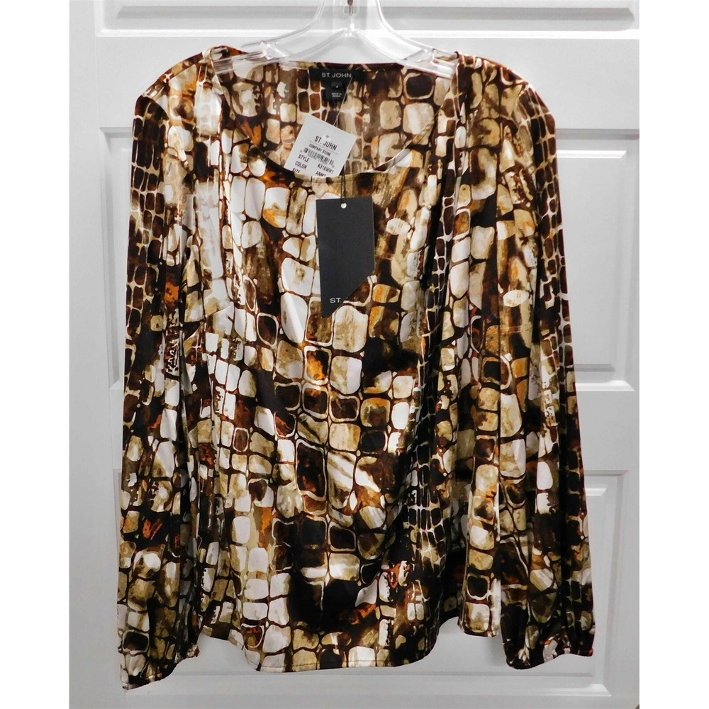 New St John $595rt Brown Ivory Silk Stretchy Long Sleeve Top Blouse sz 4